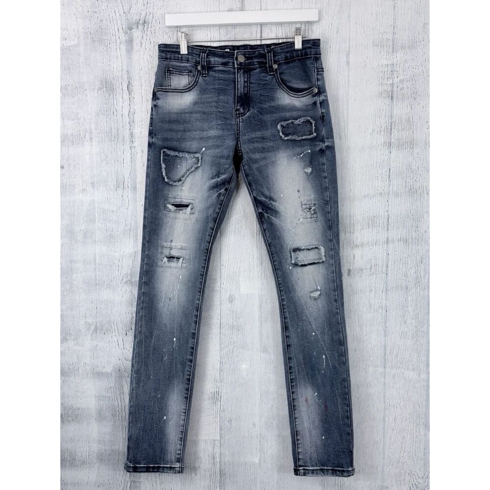 Kilogram Denim Skinny Jeans Distressed Paint Splatter Streetwear Men's Fit 30x32